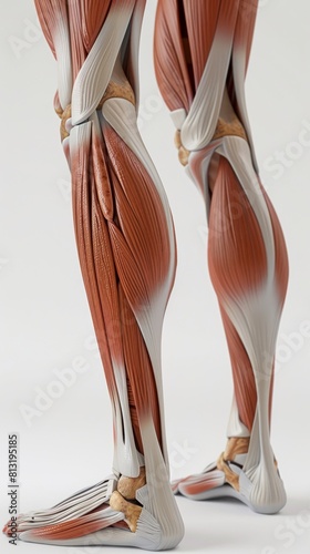 3D realistic illustration of the upper leg and knee muscular system on a white background. Human muscles, medical illustration.