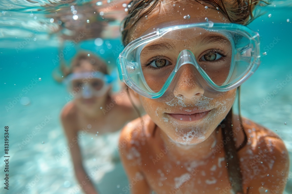 Clear underwater shot of girl with swimming goggles, bubble details