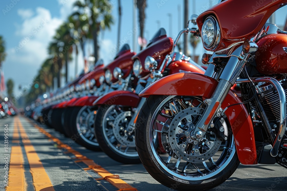 Fototapeta premium A close-up of shiny motorcycles lined up along a sunny, vibrant street