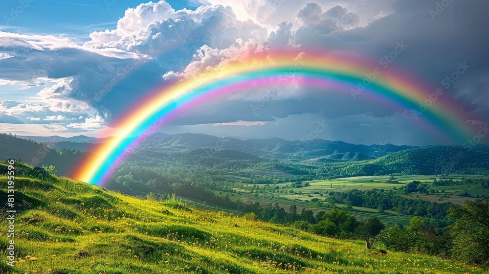 Amazingly vivid rainbow over lush green rolling hills Amazingly vivid rainbow over lush green rolling hills