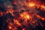 A scene portraying an aircraft's heroic attempt to control a catastrophic forest blaze, amidst swirling smoke