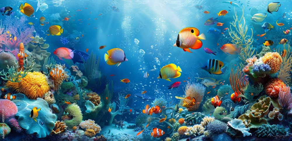 Fototapeta premium Colorful tropical fish and coral reef on a blue background, a beautiful underwater scene with various sea life swimming in the ocean in the style of different artists