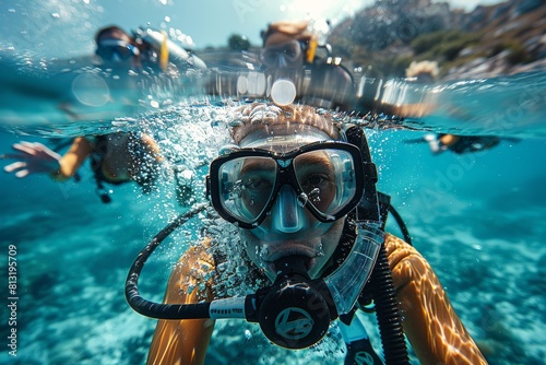 An underwater view featuring the front of a scuba diver equipped with gear, surrounded by bubbles and fellow divers