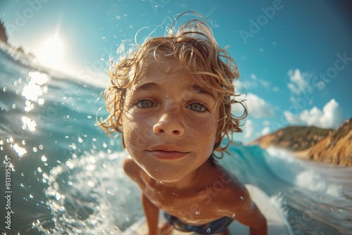 Cheerful young boy smiling underwater with clear blue background