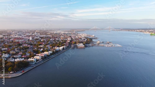 Charleston, South Carolina, USA, aerial cinematic sunset view. photo