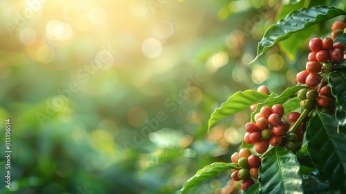 celebratory coffee harvest  ripe coffee beans on a coffee plant in a plantation with international coffee day banner template in the background