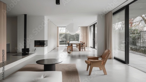 An interior shot of a modern minimalist home with sleek furniture and neutral color palette  exuding simplicity and sophistication.