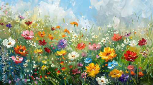 Colorful Flowers in a Field Oil Painting