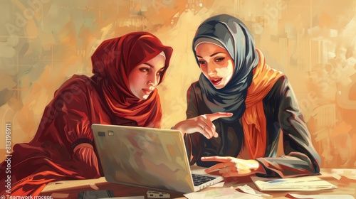 Teamwork Process, Showcases Collaboration Between Two Muslim Businesswomen Pointing At A Laptop Computer, Fostering Inclusivity And Diversity