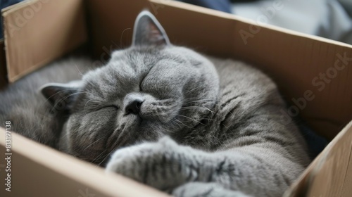 An obese grey cat blissfully asleep in a snug cardboard box, showcasing the undeniable charm of chubby feline cuddles. photo
