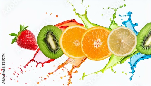 fruits with slices and juice splash in rainbow colors flying smoothie.