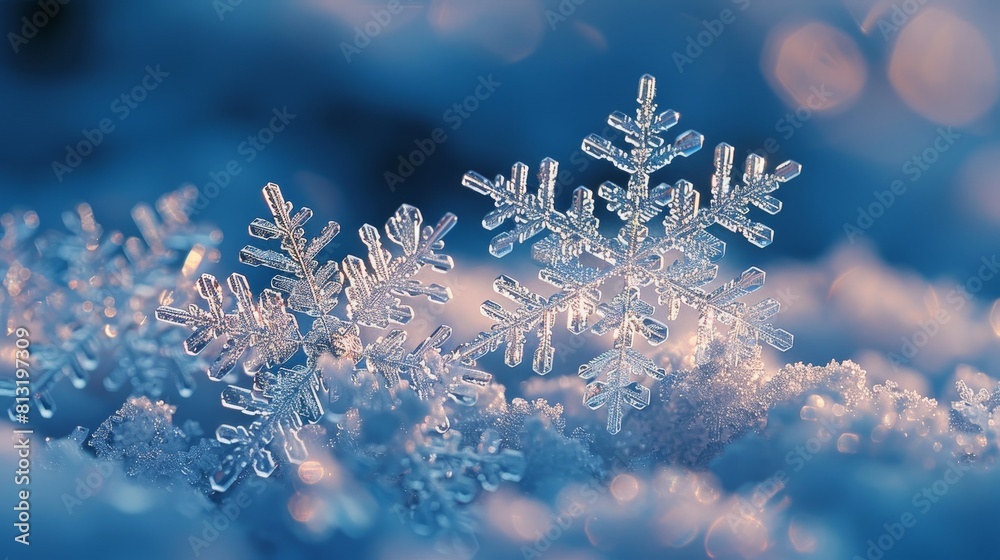 Close-up of a snowflake on a snow-covered surface. Close-up of a snowflake on a snow-covered surface.
