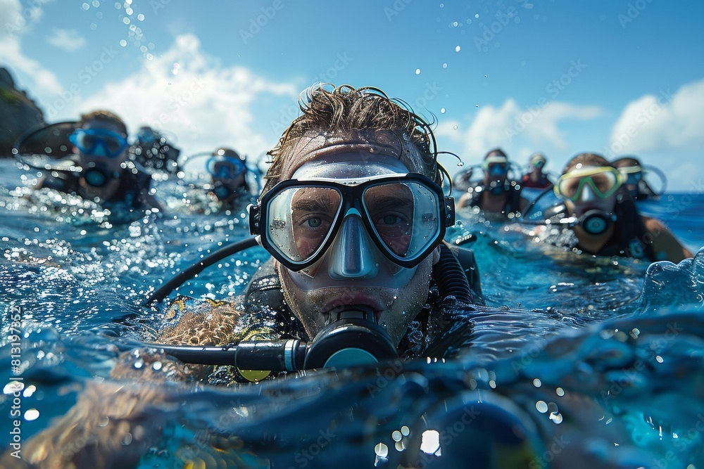 Close-up of scuba diver with group in the background underwater, showcasing adventure and exploration