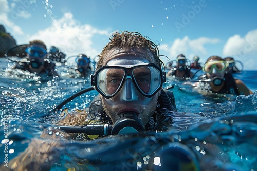 Close-up of scuba diver with group in the background underwater, showcasing adventure and exploration