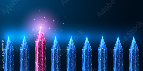 Standing out of crowd, leadership, individuality futuristic concept with row of pencils