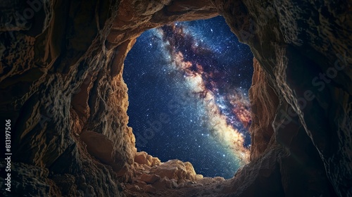 View of milky way and stars sky from ancient cave wallpaper background