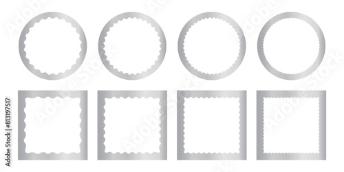 Set of shining silver square and round mirror, photo or picture frames with wavy inner borders. Decoration design elements. Metallic stickers isolated on white background. Vector illustration.