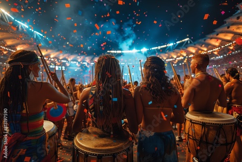 Drummers play amidst a vibrant festival crowd, colorful confetti fills the air around them