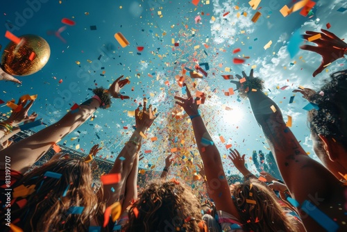 In this image, a festive crowd is immersed in celebration, hands reaching up towards the bright blue sky amid a shower of confetti and joy