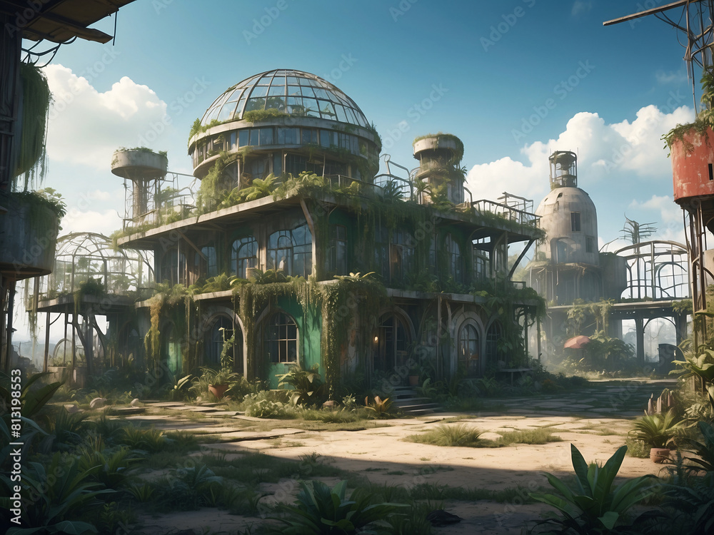 Fototapeta premium Post-war post-apocalyptic view of survivor's sanctuary, a fortified haven for humanity trying to survive, dystopian view and science-fiction story