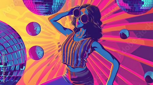 Retro disco party girl concept drawing painting art wallpaper background