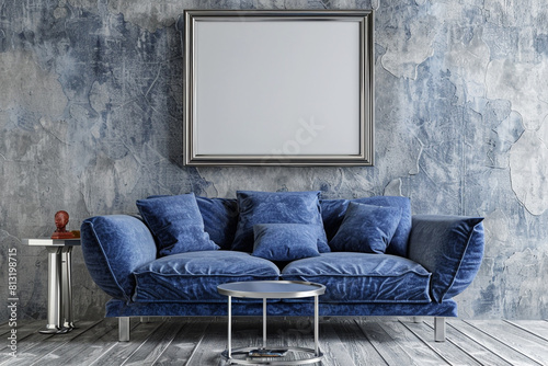 Artistic home decor with a sapphire blue sofa and a silver side table under a framed mockup on a textured gray wall.