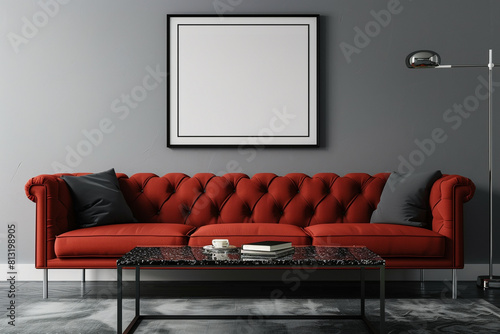 Bold modern design with a cardinal red sofa and a black granite coffee table under a framed mockup on a medium gray wall. photo