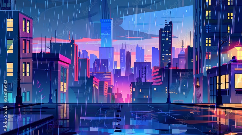 Rainy city town street scene cartoon concept drawing painting art wallpaper background Rainy city town street scene cartoon concept drawing painting art wallpaper background