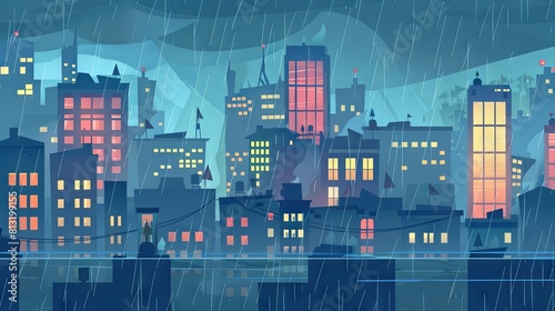 Rainy city town street scene cartoon concept drawing painting art wallpaper background