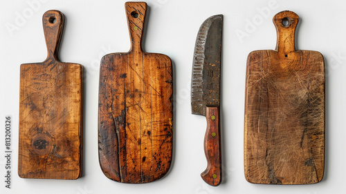 Collection of old wooden cutting boards isolated on white background. Top view. generativa IA photo