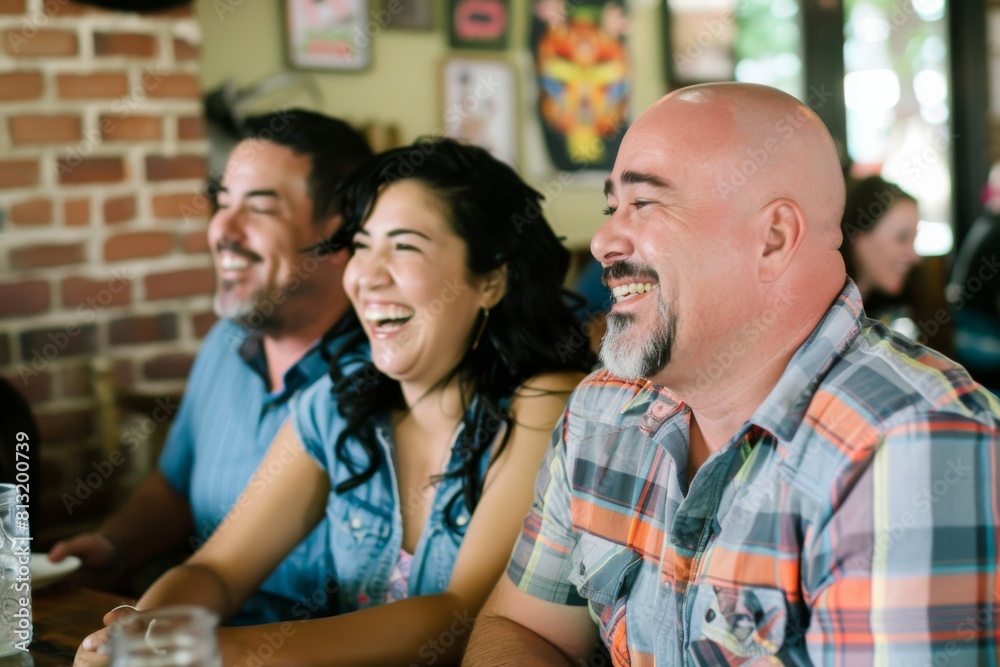 Group of friends having a good time together in a pub. Cheerful men and women laughing and talking. Group of friends having a good time together in a pub. Cheerful men and women laughing and talking.