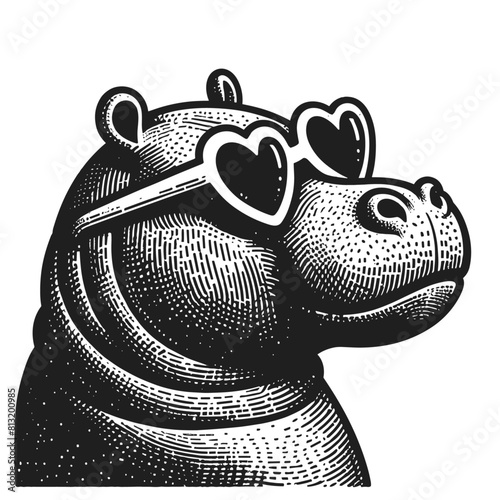 hippopotamus in heart-shaped sunglasses cute sketch