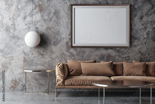 Minimalist and modern interior with a taupe sofa and a stainless steel table under a frame mockup on a gray textured wall. photo