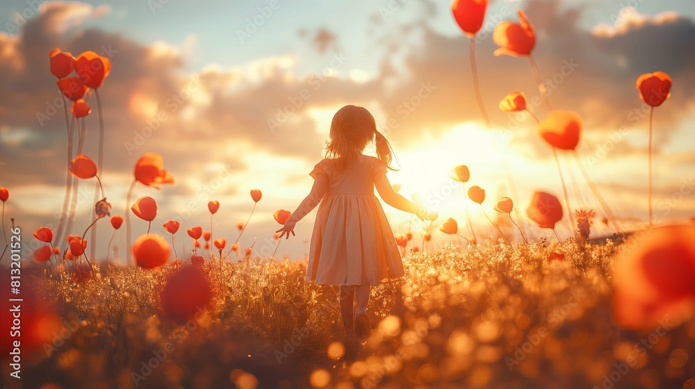 Girl in a field surrounded by red balloons at sunset.