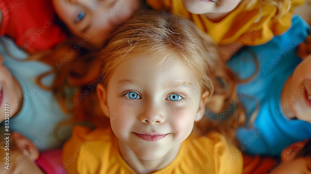 Group of kids with joyful expressions lying in a circle, suitable for themes of childhood, play, and friendship Group of kids with joyful expressions lying in a circle, suitable for themes of childhood, play, and friendship