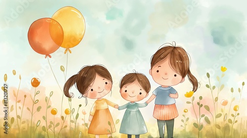 Watercolor Asian happy kids illustration  girls celebrating kids day together