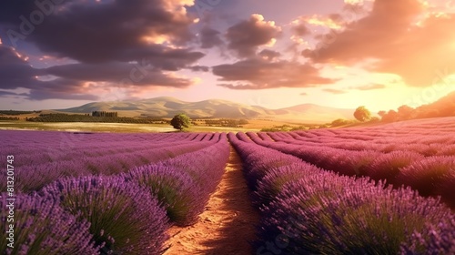 Sunset over lavender field in Provence, France.