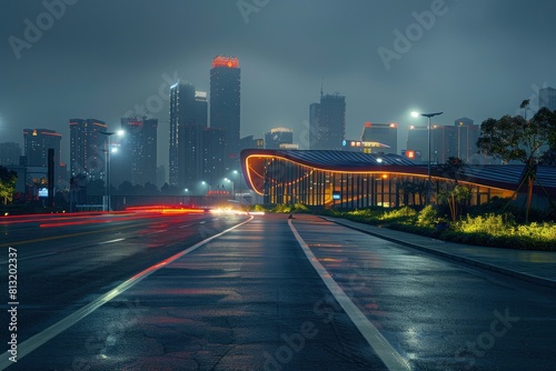 Asphalt road and city skyline with modern building at night in Suzhou  China - generative ai