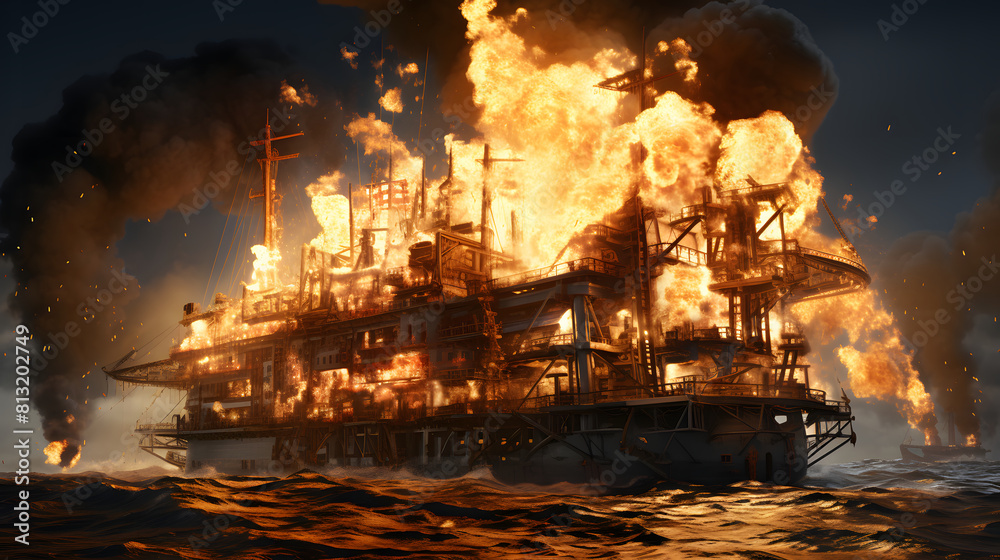 Oil Rig Disaster with Massive Fire Oil Rig Disaster with Massive Fire