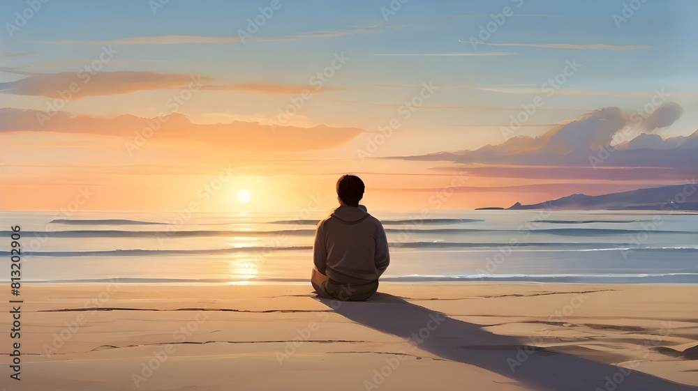 A serene and peaceful beach scene with a lone figure sitting on the sand, watching the sunset on their birthday.
