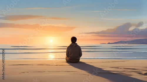 A serene and peaceful beach scene with a lone figure sitting on the sand  watching the sunset on their birthday.