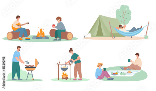 Camping people set. Happy men and women characters with tent, bonfire, cooking, and relaxing. Summer tourist vocation vector illustrations isolated on white background.