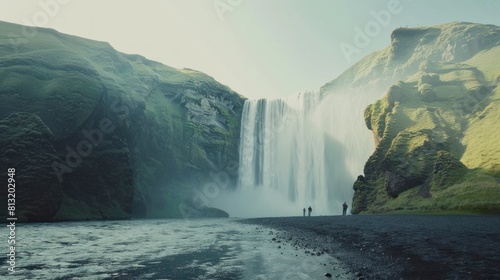 Skogafoss waterfall  Iceland. Mountain valley and clear sky. Natural landscape in summer season. Icelandic nature. Group of a people near large waterfall.