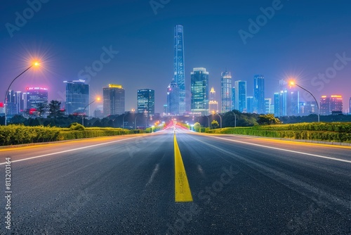 Asphalt road and city skyline with modern building at night in Suzhou  China - generative ai