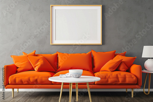 Vibrant living area with a bright orange sofa and a ceramic white table under a perfectly scaled frame mockup on a gray wall. photo
