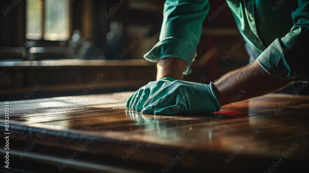Diligent hands polish surfaces, as a house cleaner meticulously wipes away dust, bringing a gleam to furniture and spaces