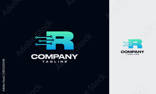 Letter R Gradient color logotype design with Dot Linked,Shape symbol, Technology and Digital Connection concept,All colors and text can be modified