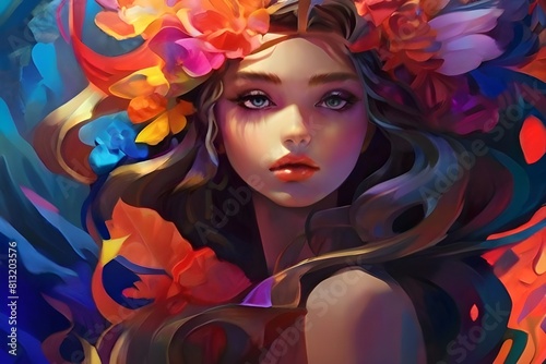 Whimsical Dreams: A Charming Girl in a World of Intense Hues, AI-generated painting of amazing girl. A Charming Girl Amidst Intense Colorscapes photo