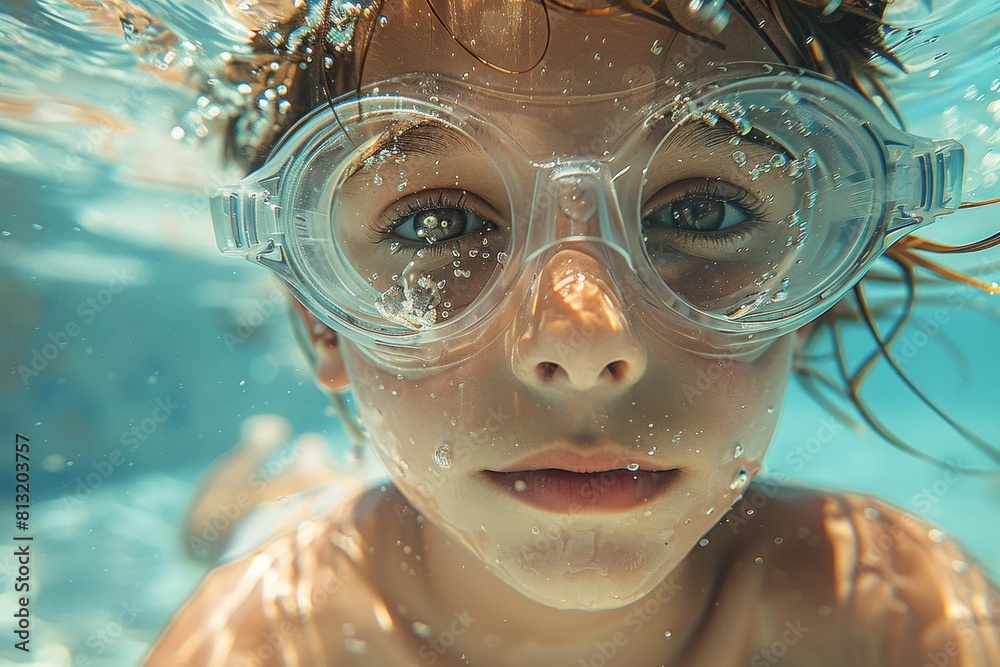 Young boy with goggles submerging in clear water, looking at the camera Young boy with goggles submerging in clear water, looking at the camera