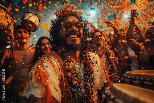 Portrait of a man playing drums surrounded by confetti, enjoying a vibrant festival